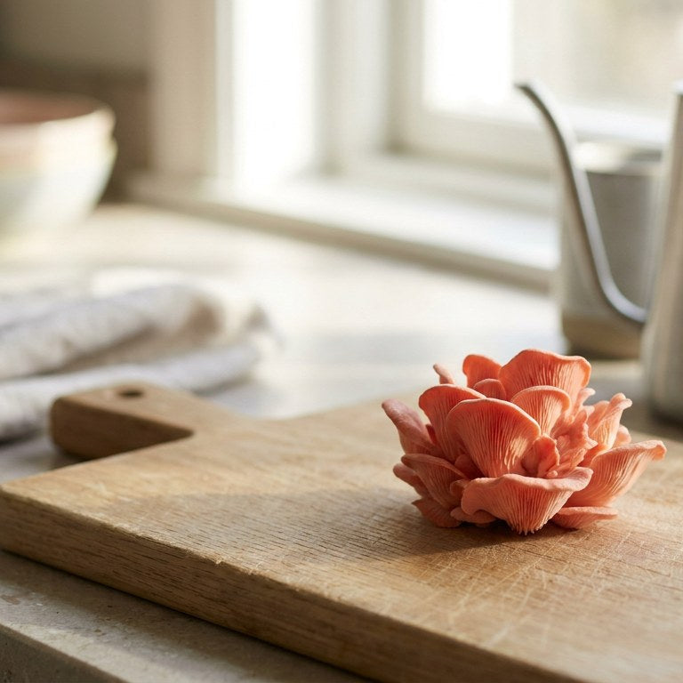 Coral-pink pink oyster cluster (Pleurotus djamor) fruiting inside a Lykyn Smart Mushroom Grow Box, single-tier Bone White model, kitchen counter