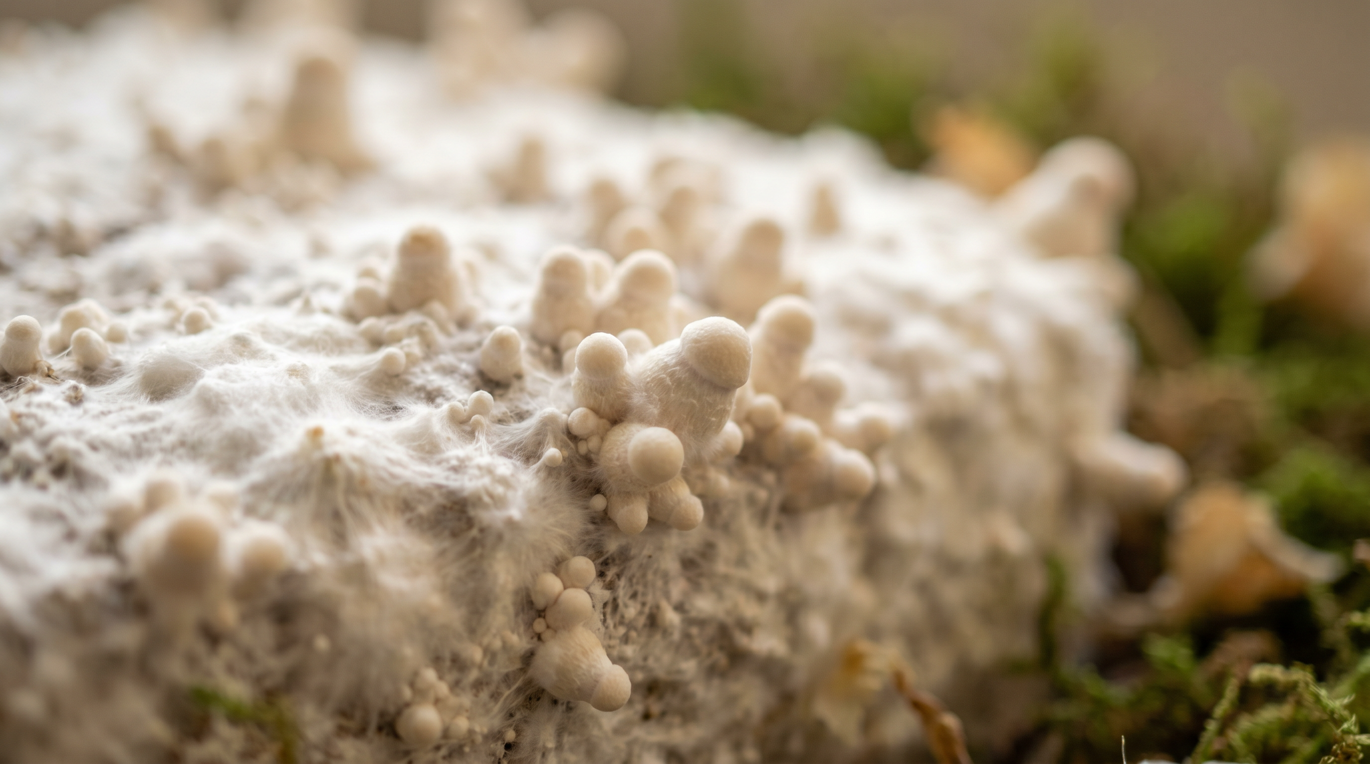 Macro close-up of mushroom primordia emerging as small white bumps from a colonized mycelium fruiting block, soft natural light