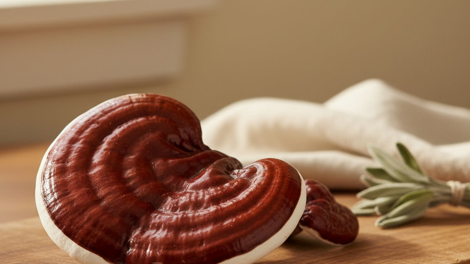 Fresh reishi mushroom Ganoderma lucidum on a wooden cutting board in warm natural light