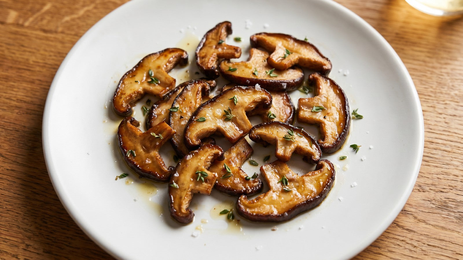 Fully-cooked sliced shiitake mushrooms pan-seared to deep golden brown on a white plate