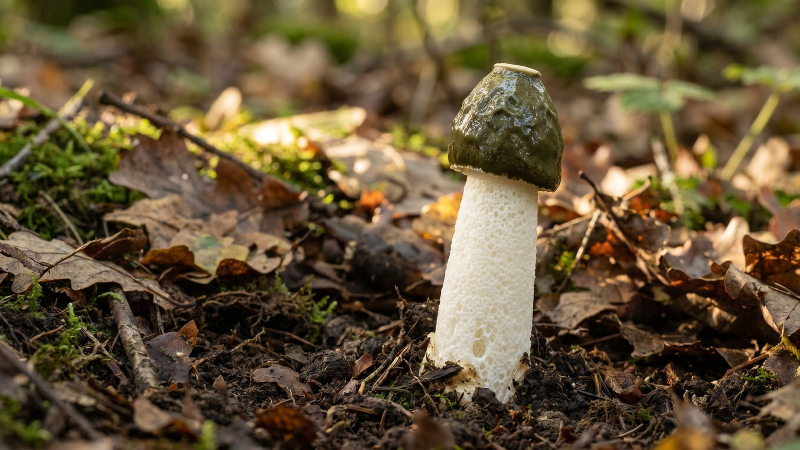 Common stinkhorn mushroom emerging from forest soil with white stalk and olive-green cap