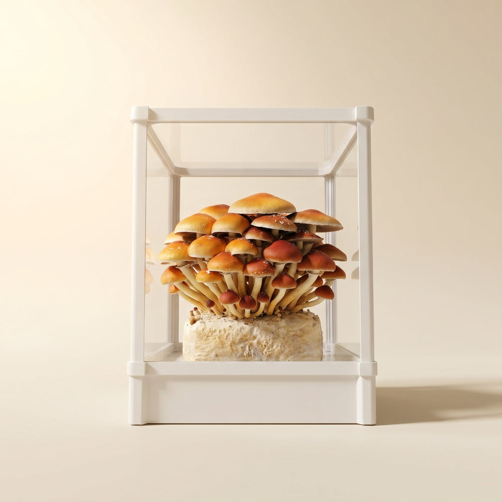 Cinnamon cap mushroom cluster growing inside a Lykyn bone white smart chamber