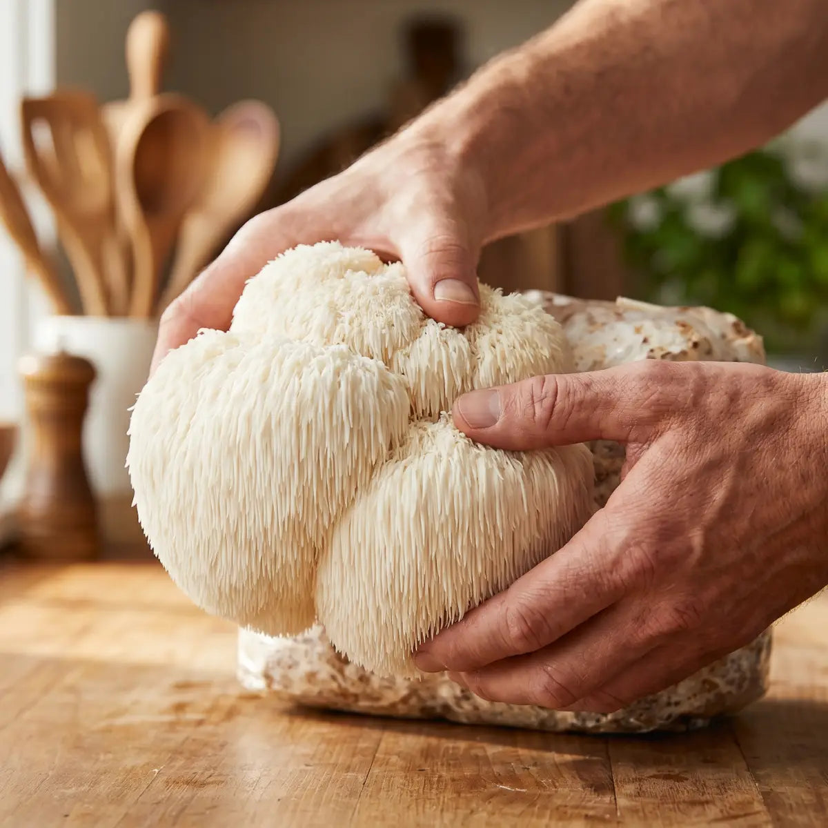 Hands harvesting a fresh ivory-white Lion's Mane mushroom cluster from a Lykyn fruiting block on a wooden kitchen counter