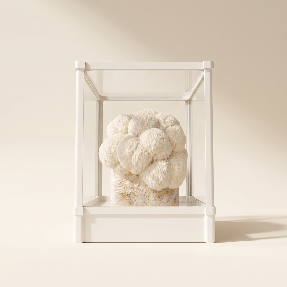 Lion's mane mushroom cluster growing inside a Lykyn bone white smart chamber